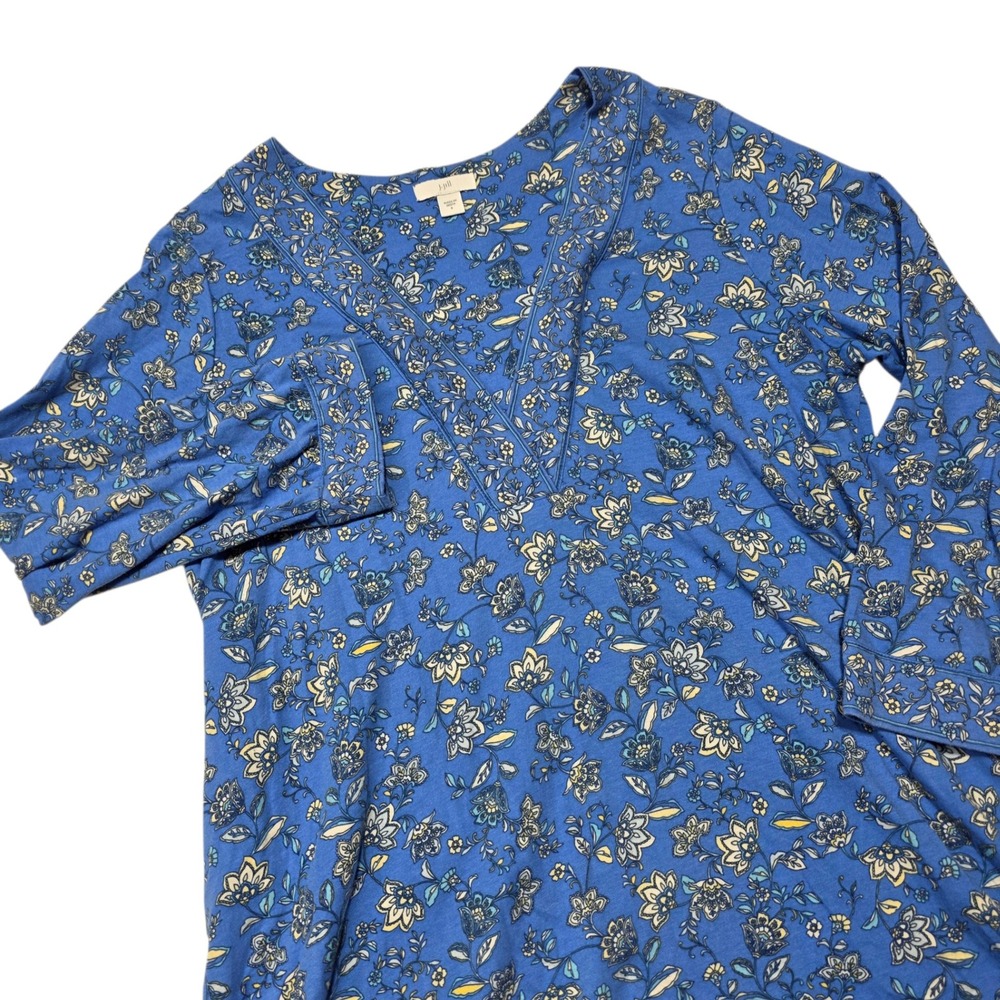 J.Jill Tunic Top Women Small Blue Floral Cotton Modal V-Neck 3/4 Sleeve